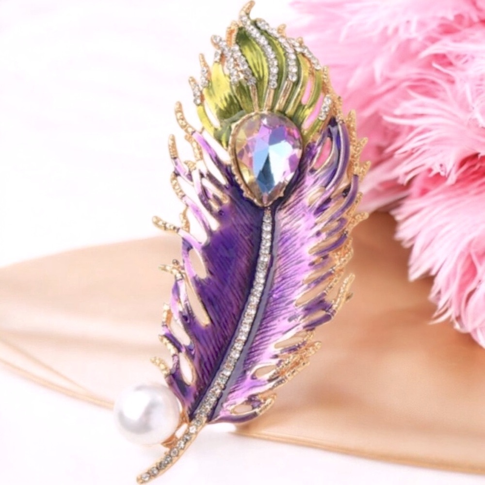 Feather Purple, Green, Gold, Crystal, Faux Pearl & Enamel Brooch - Picture 2 of 8